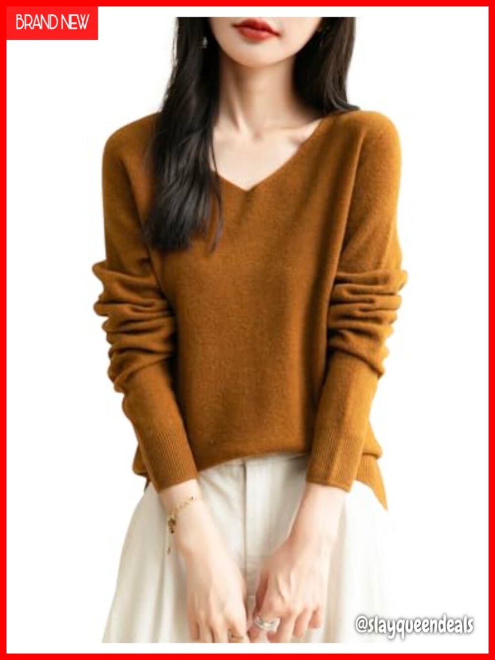 100% Merino Wool V Neck Seamless Long Sleeve Knit Sweater